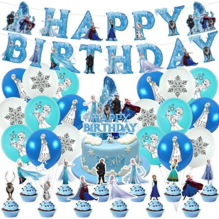 Set 32 Accesorii REDQUIT de Petrecere Aniversara Frozen, 18 Baloane, 1 Banner Happy Birthday, 12 Cupcake Topper, 1 Topper Tort
