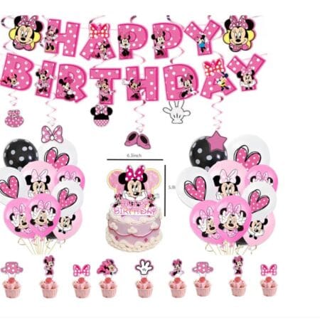 Set 66 Accesorii REDQUIT de Petrecere Aniversara Minnie Mouse, 12 Baloane, 1 Banner Happy Birthday, 24 Cupcake Topper, 1 Topper Tort, 6 Decoratiuni Suspendate