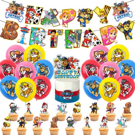 Set 34 Accesorii REDQUIT de Petrecere Aniversara PATRULA CATELUSILOR, 16 Baloane, 1 Banner Happy Birthday, 16 Cupcake Topper, 1 Topper Tort