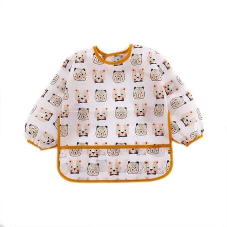 Baveta cu maneci lungi, impermeabila, alb cu maro, 0-3 ani