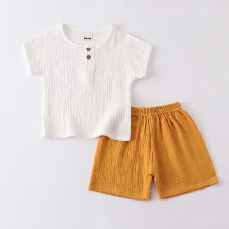 Set tricou si pantaloni scurti REDQUIT® din muselina, vara, 2 piese, 2-3 ani, alb cu galben